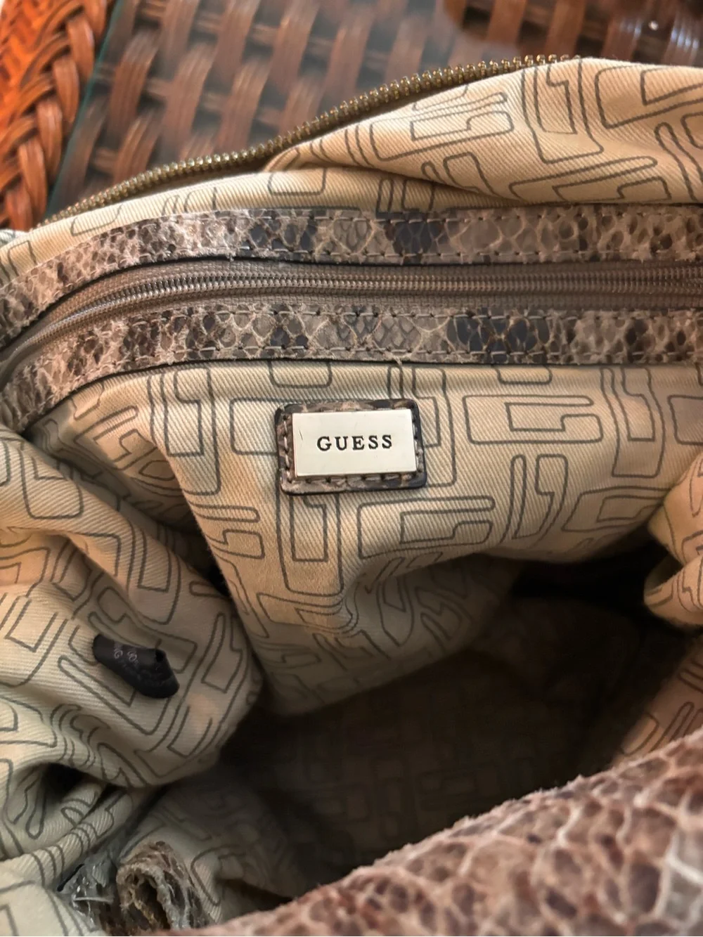 GUESS Taupe Brown Snake-Print Shoulder Bag with Buckle Detail